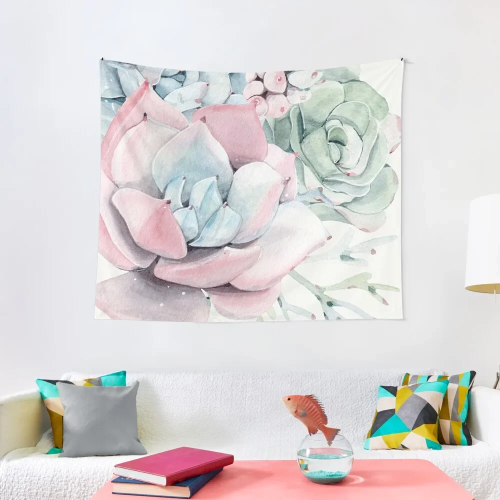 

Elegant Succulents Pink and Blue and Green Desert Succulent Illustration Tapestry For Bedroom Art Mural Tapestry