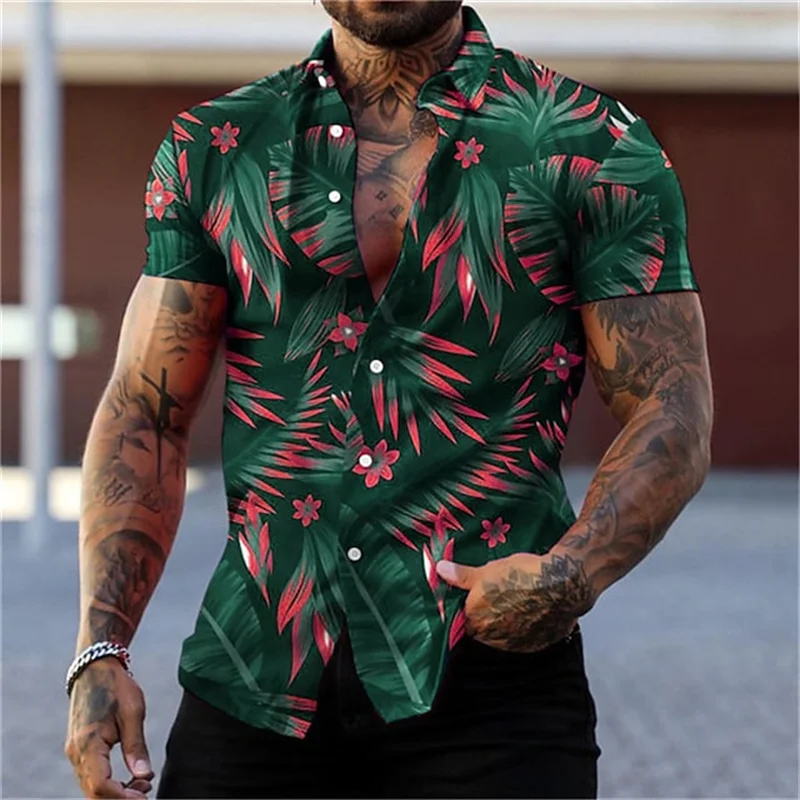 Men's black and gold flower shirts Summer plant print lapel shirt Hawaiian style beach short sleeved button up 3