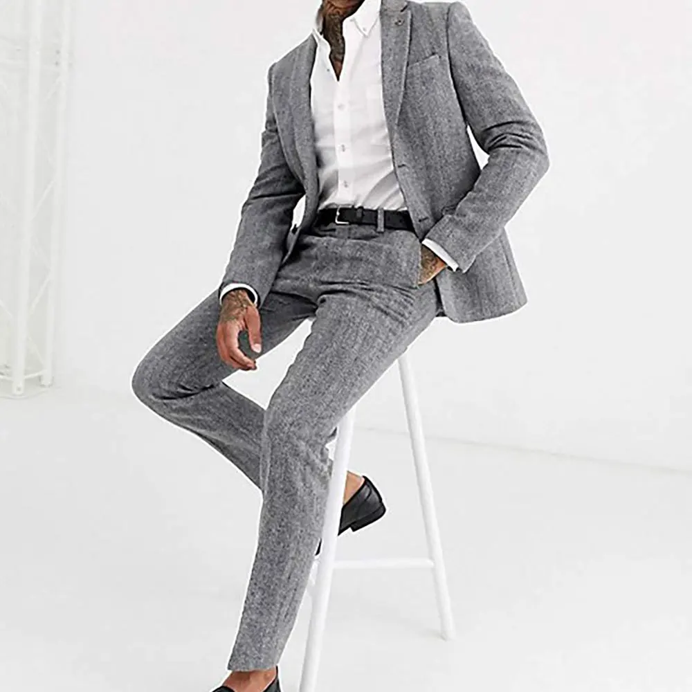Wool Herringbone 2 Piece Mens Suit Formal Fashion Slim Fit Blazer Notch Lapel Tuxedos Groomsmen Wedding(Blazer+Pants)