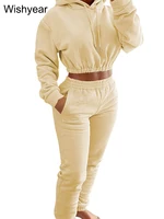 Casual Sports Wear Two Piece Set for Women Velvet Sweatshirt Hoodie Crop Top and Leggings Pants Suit Female WarmWinter Outfits - light yellow sets, L