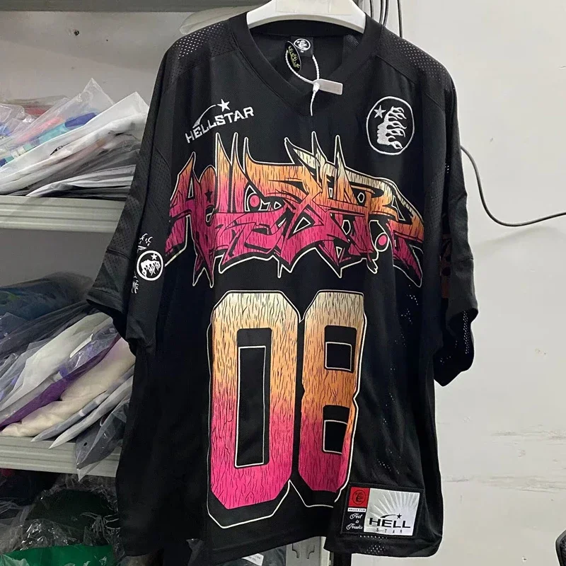 

Hellstar Studiosr Plus Size Sports T-Shirt V-Neck Mesh Breathable Quick Drying Patch Embroidered Print Top Short Slee