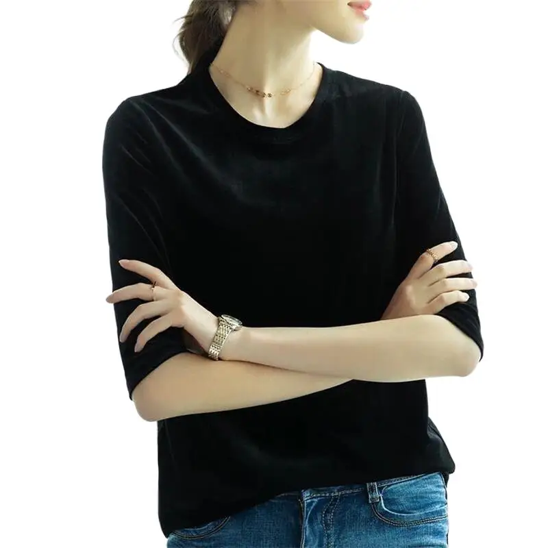 

2022 Summer Autumn Women Half Sleeves O-Neck T-Shirts Solid Velvet Tops Casual Loose Office Lady Wear Shirts blusas