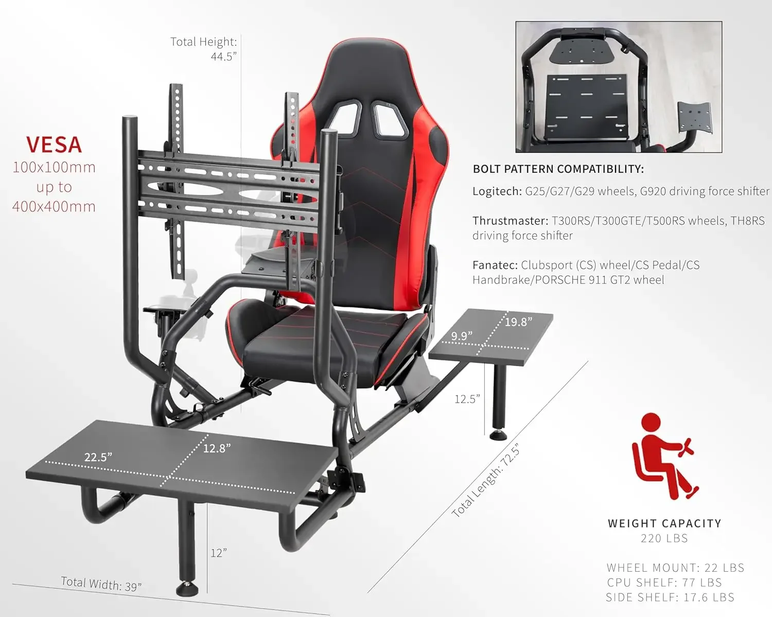 Racing Simulator Cockpit: Wheel/Gear Mount, Fits Logitech/Thrustmaster/Fanatec, Xbox/Playstation, VESA 400x400 3