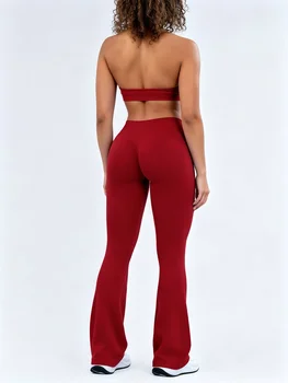 2Pcs HISTELLO Gym Leggings Set Seamless Women Sports Flared Pants Sets Sexy Open Back Halter Top Workout Fitness Flares Pant Set