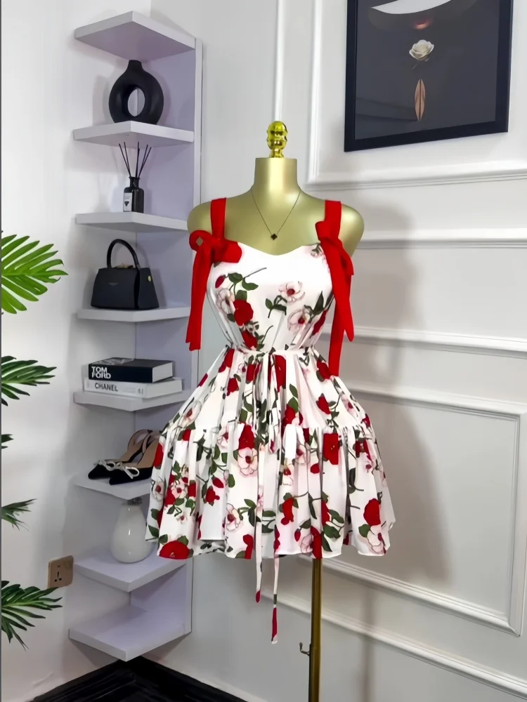 Wmstar Dresses Women Wholesale Floral Print Sleeveless Bow Bandage Mini Dress Stretch Sexy Streetwear Mini Dresses Dropshipping