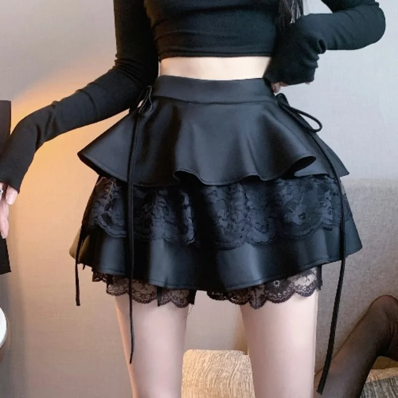 Gothic Sexy Ruffle Tiered Skirts Women Cute Lolita Style Lace Cake Skirt Girl Kawaii Clothes High Waist Solid A-Line Mini Skirt 4