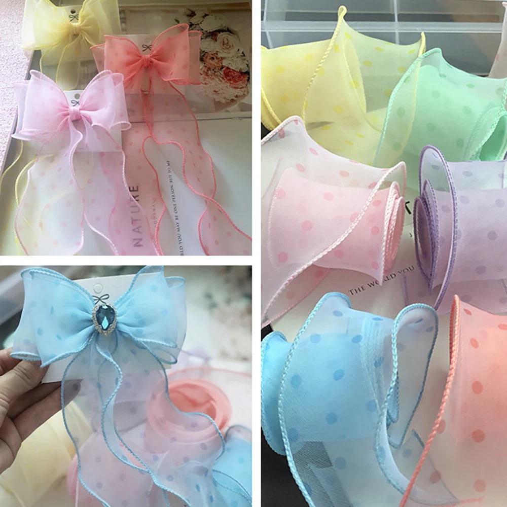 Chainho,Gauze Ribbon,Solid Color,Polka Dots,DIY Handmade Bow Tie Materials,Gift Flower Packaging,Width:50mm,Length:2Yards,SD16