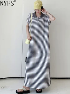 NYFS 2024 Summer New Korea Woman Dress Vestidos Robe Elbise Loose Plus Size Striped Short Sleeve Long Dresses