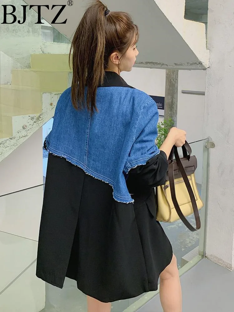 

BJTZ Fashionable Retro Age Reducing Denim Contrasting Blazers For Women 2024 Spring Autumn New Loose Casual Blazer Jacket HL431