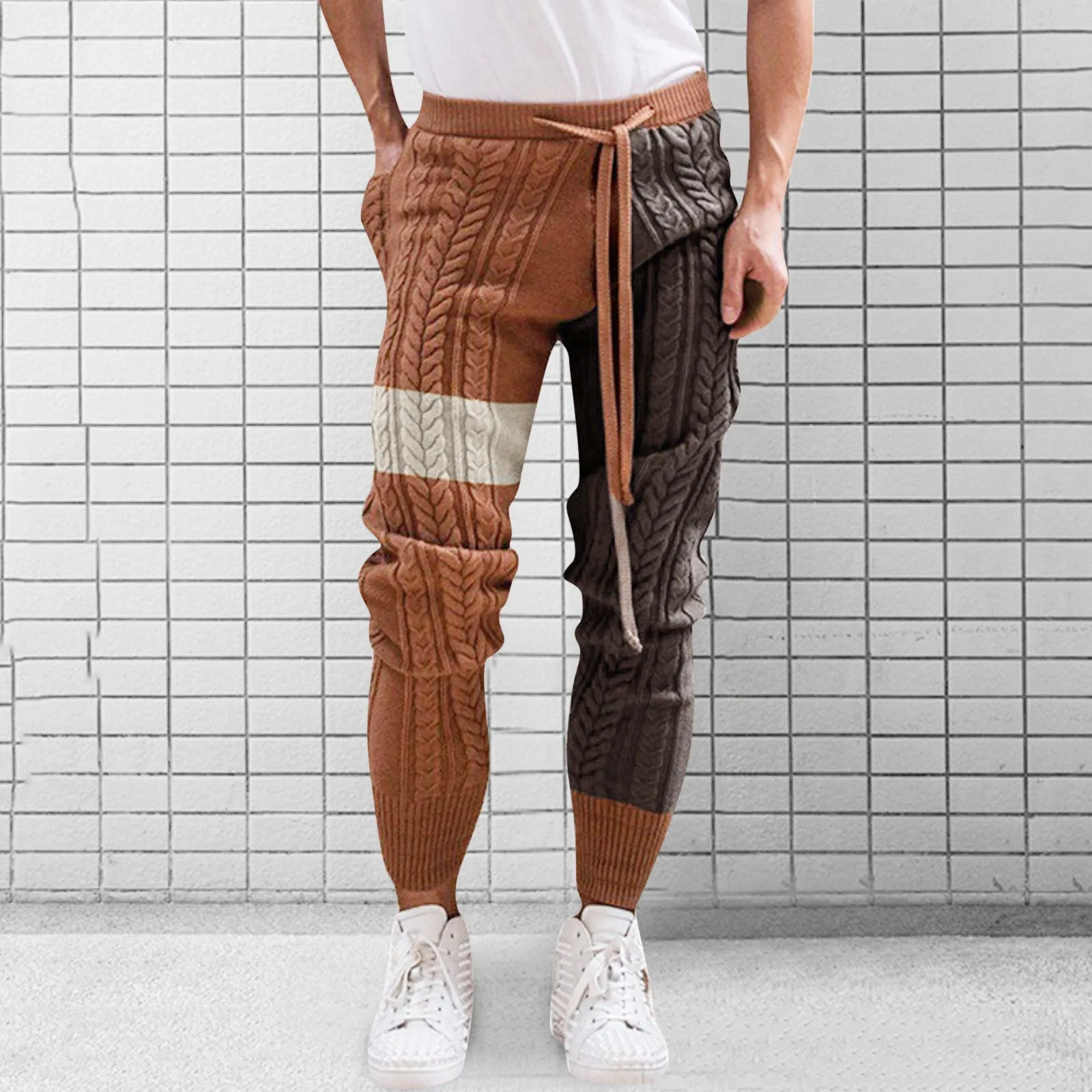 Vintage Patchwork Knit Pants Men Winter Casual Drawstring Waist Tie-Up Knitted Leggings Trouser Mens Slim Fit Long Pants
