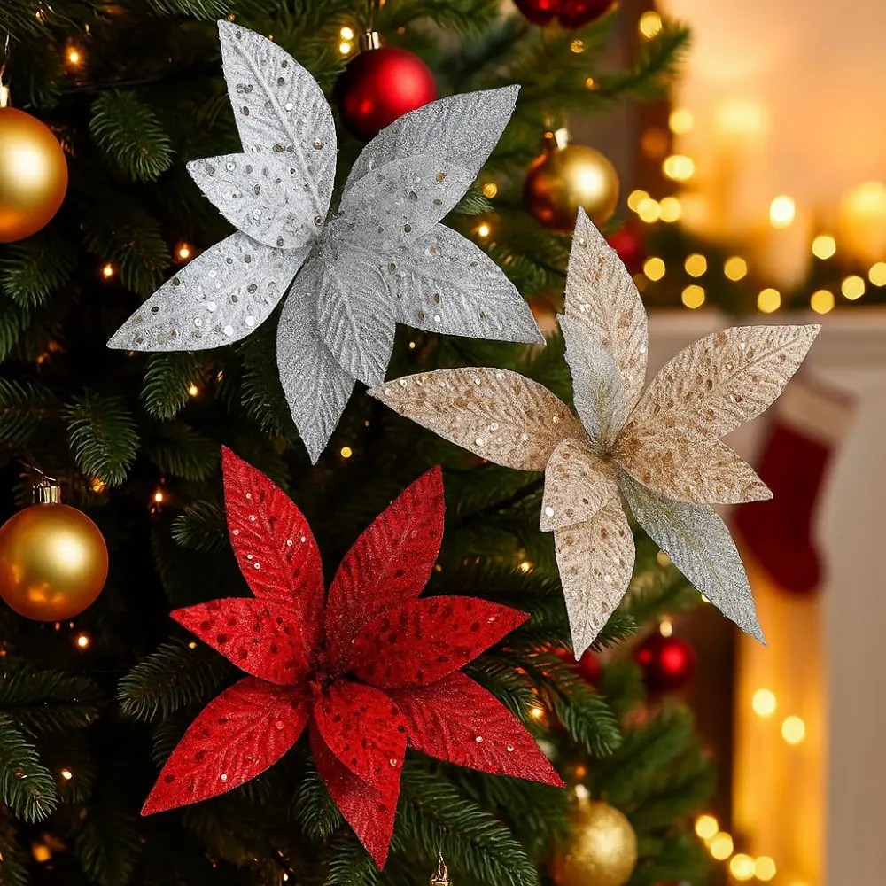 25cm Christmas Artificial Flowers Sequin Mesh Handmade Simulation Glitter Flower Hanging Decorative Xmas Tree Ornaments