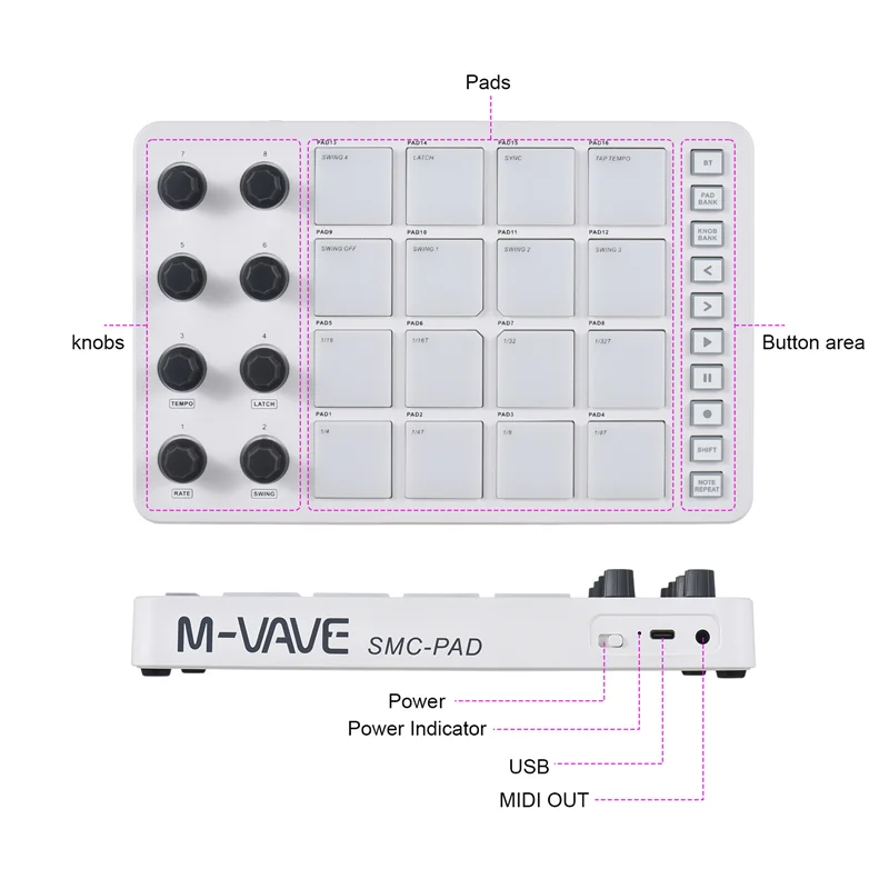 M-VAVE MIDI Controller Strike Pad RGB Backlight MIDI Keyboard BT Connection Low Latency 3.5Mm Output Interface Pad