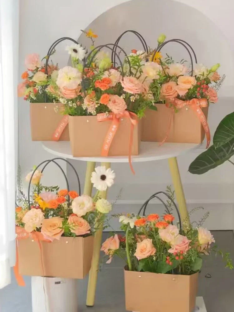 Valentine's Day Gift Flower Kraft Paper Handheld Bags Flowers Arrangement Portable Boxes Rectangular Trapezoidal 10pcs