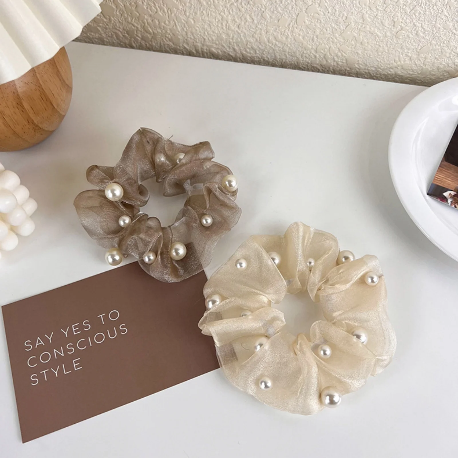 1PC Elegant Organza Scrunchies with Pearls, Women's Stylish Hair Accessories, Must - Have Hair Grips