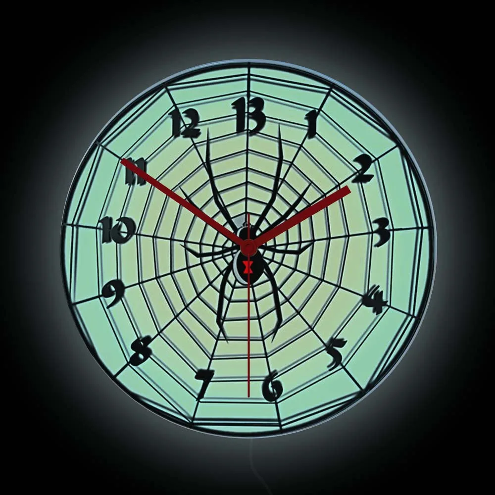 

Horror Spider Web LED Lighting Wall Clock Halloween Man Cave Room Decor Black Widow Cobweb Neon Light Sign Clock Glow In Dark