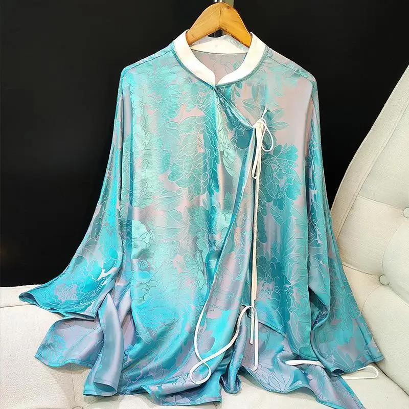 Chinese Style Print Shirts Women Retro Qipao Hanfu Tops Lady Elegant Blue Cheongsam Top Lace-up Casual Blouse Oriental Clothing