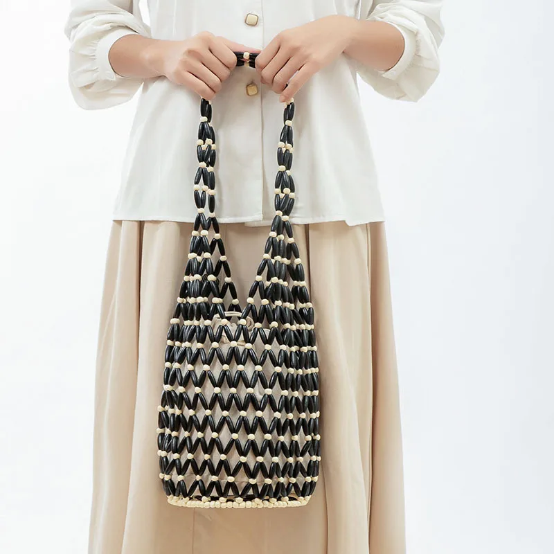 

Fashion Wooden Beading Women Shoulder Bags Designer Hollow Lady Handbag Handmade Summer Beach Bag Casual Travel Large Tote Purse