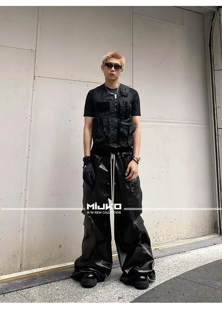 Description Picture 4 of itemHKSH Men's Tide Dark RO Style Glossy Coated Workwear Cargo Pants Unisex Wide Legged Black Casual Women Overalls Techwear HK0845