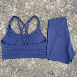 Women's 2-Piece Yoga and Fitness Set - Cross Back Bra and High Waist Shorts - M (Navy Blue Suit)