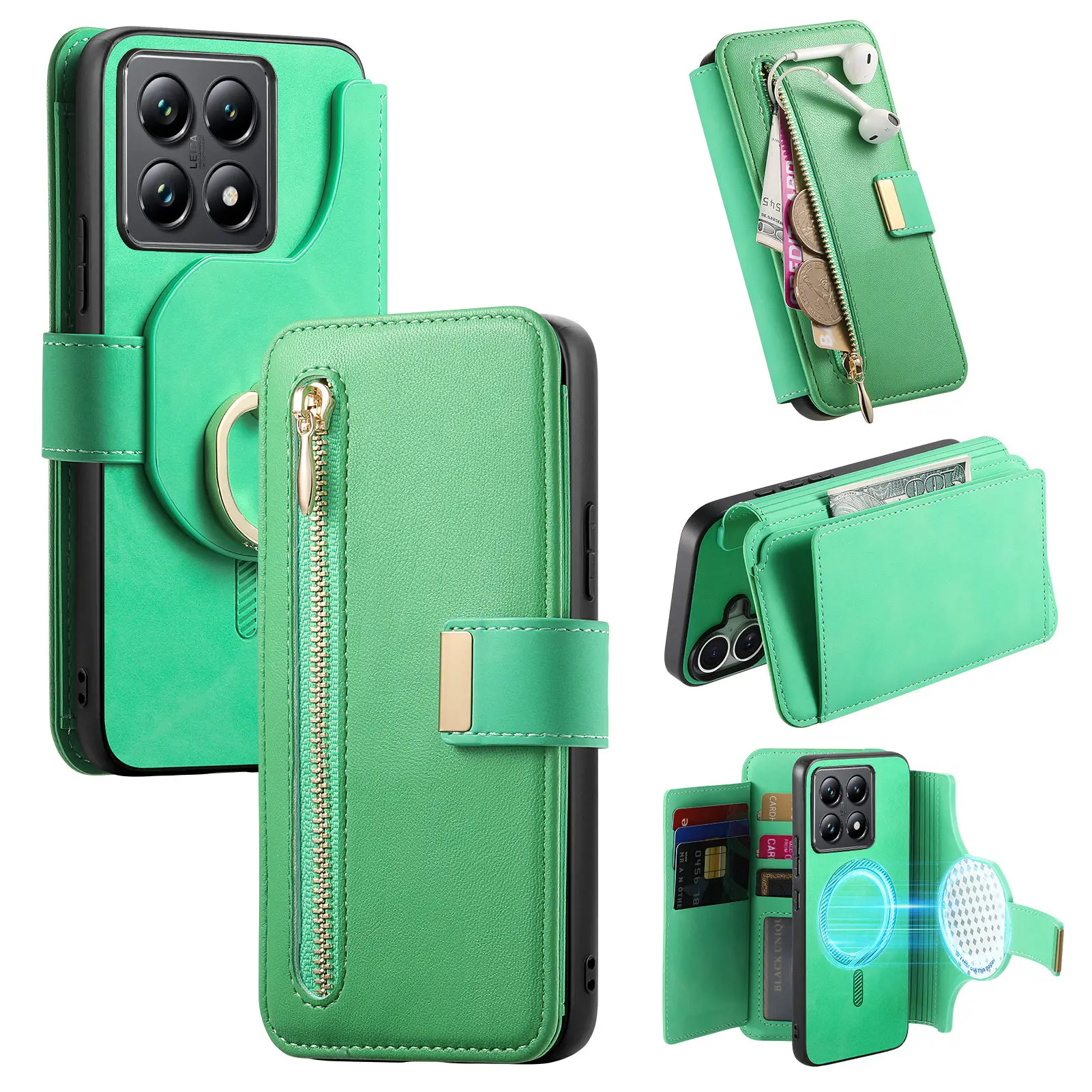 2-in-1 Detachable Zipper Wallet Leather Case with Magnetic Removable Cover