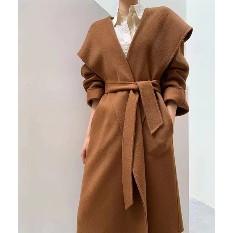 Winter Cashmere Coat Women Mid-length Wool Coat Water Ripples 2023 New Autumn 20% Cashmere Camel Coat With Black Coat Commuting 100w creative water wave ripples effect projection light flow blue ocean projector with remote control