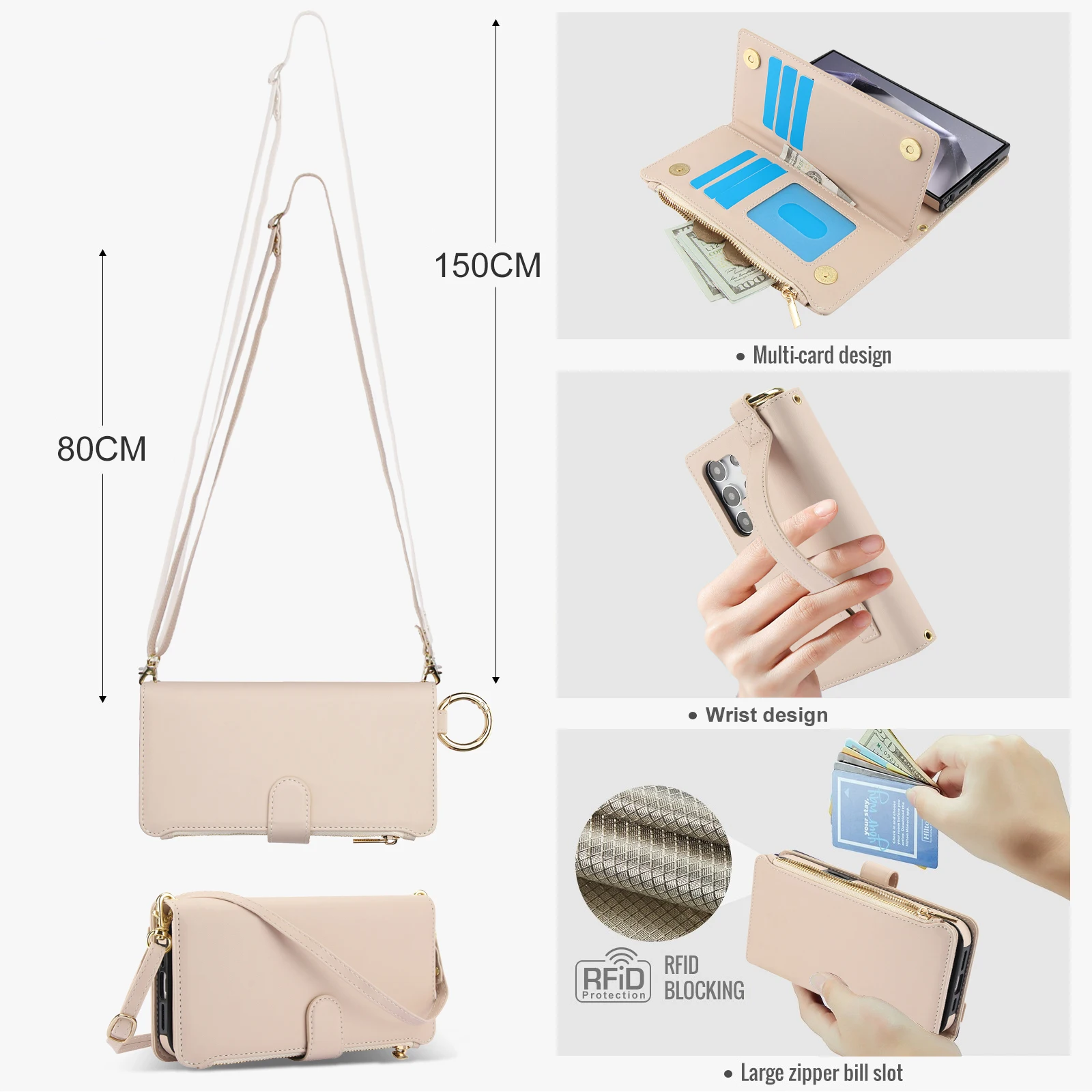 Multi-Functional Leather Wallet Case with Card Slots, Wristband, Zipper, and Shockproof Ring Holder