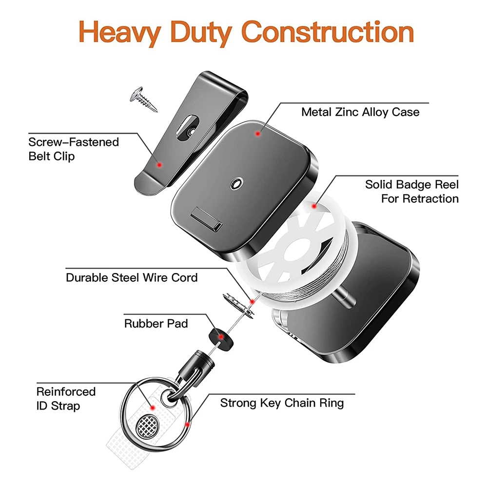 

Heavy Duty Metal Retractable Carabiner Keychain Belt Badge Reels Clip 28.3Inch Reinforced Steel Wire Cord
