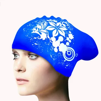 여성용 방수 실리콘 수영 모자, 여성용 꽃 프린트 수영장 모자, 귀 보호 플러스 사이즈, 패션