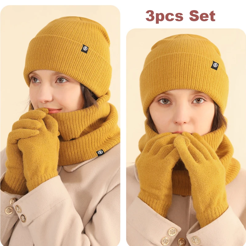 New Knitted Winter Hat, Hat Men Women Hat Scarf Cap Scarf Warm Glove Sets  Male Female Hat Scarf Set 3pcs Skullies Beanies