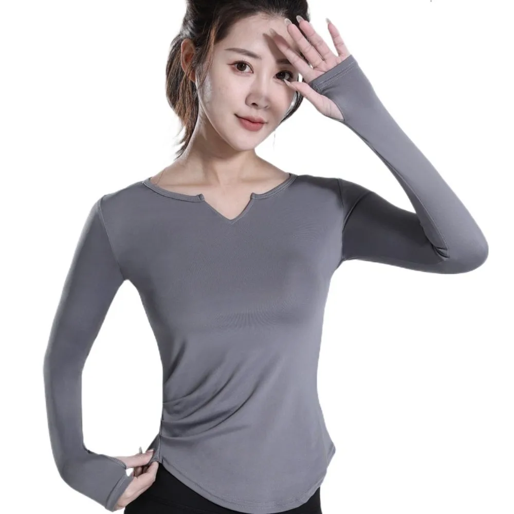 Running Clothes Long Sleeve Yoga Tops Slim Fit Quick Dry Fitness Long Sleeved Top V-Neck Breathable Yoga Clothes Ladies Women