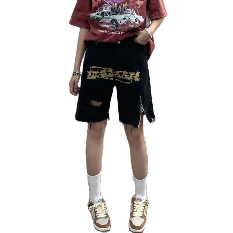 Denim Shorts Letter Print Ripped Large Size American Ins Street Women'S Summer Quarter Pants Versatile Loose Wide Leg Pants