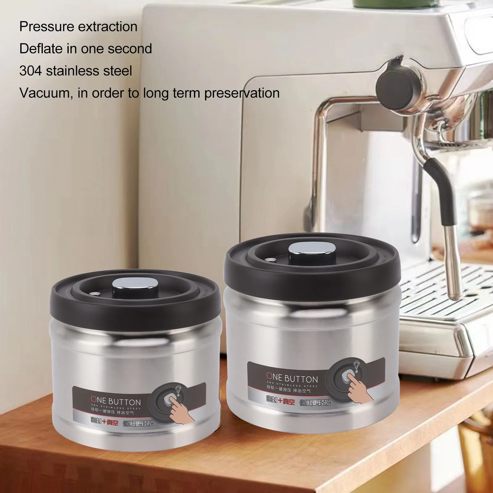 Food Storage Container 304 Stainless Steel Press Type Large Capacity Simple Vacuum Sealed Coffee Container for Home