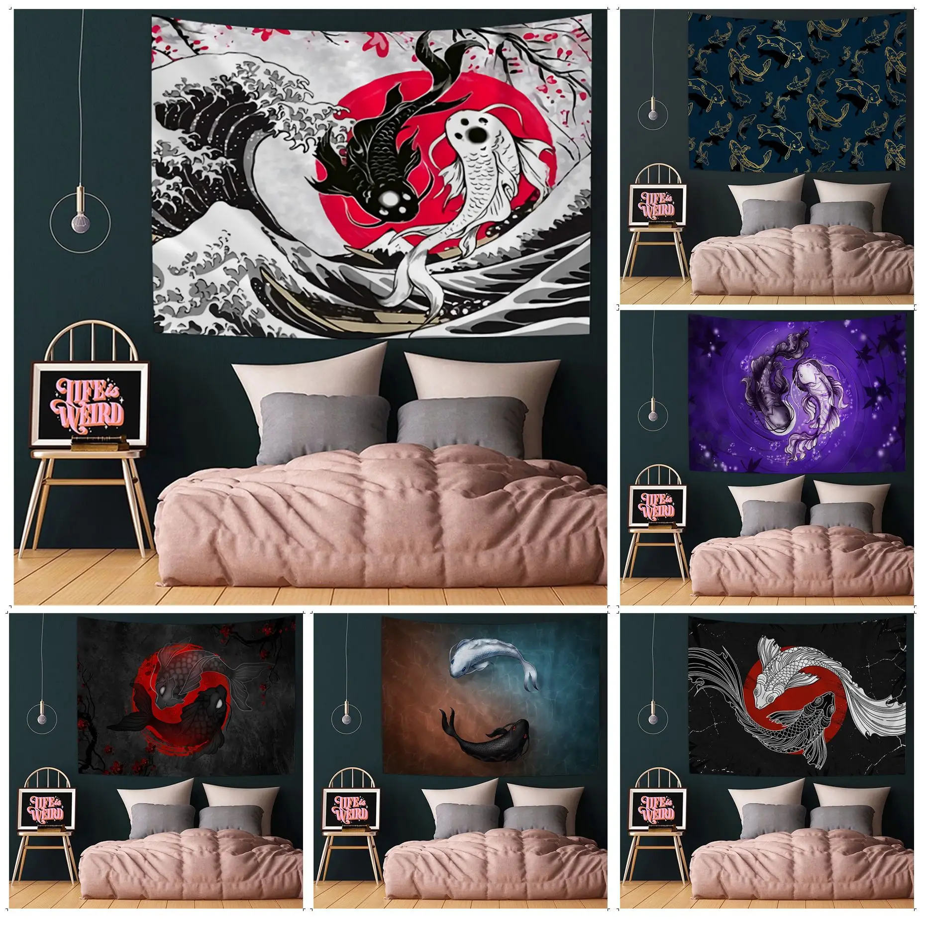 Drago Cinese Tai Chi Bagua Yin Yang Fish Chart Arazzo Appeso Tarocchi Hippie Tappeti Da Parete Dormitorio Kawaii Room Decor