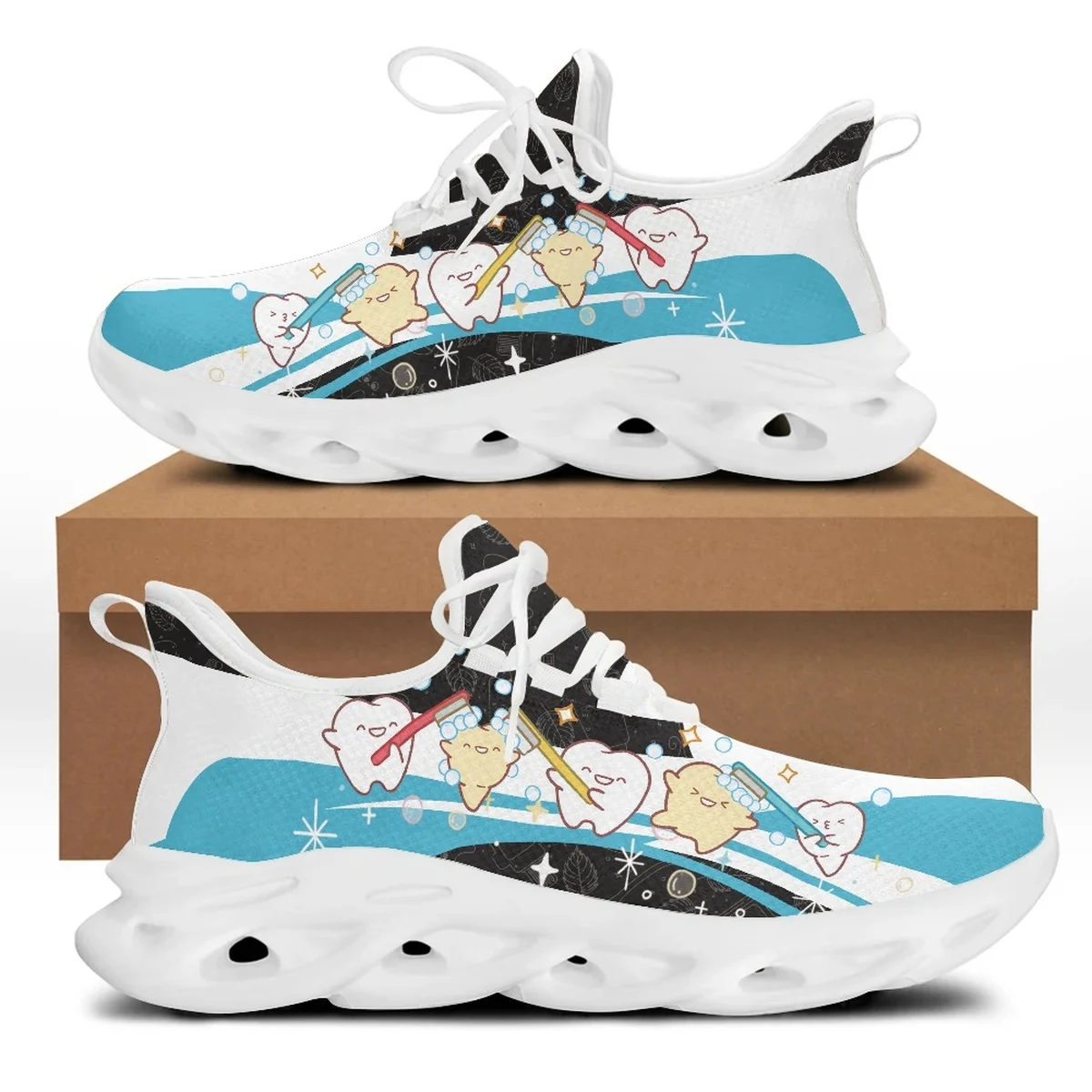 

Yikeluo Cartoon Tooth Pattern Girls Mesh Swing Sneakers Comfort Lace up Platform Shoes for Women Dental Design Zapatillas