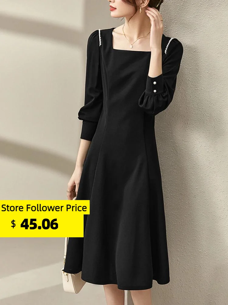 

Sentubila Hight Quality Square Collar Black Dress for Women 2023 Spring Slim Waist Beading Puff Sleeve A Line Solid Midi Dresses
