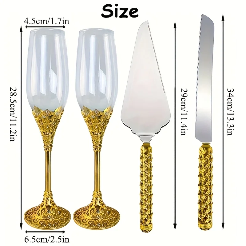4Pcs Golden Wedding Cake Knife Glasses Server Set Crystal Rhinestone Champagne Flutes Toasting Glasses Perfect for Wedding Gifts