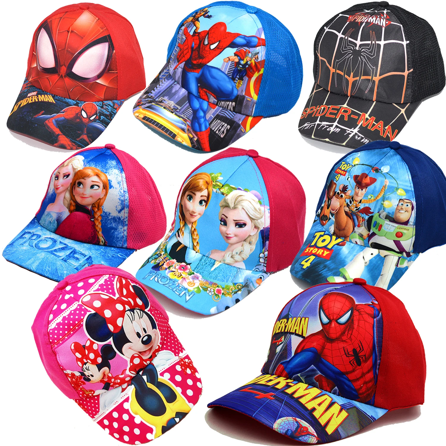 Disney Anime Frozen Mickey Minnie Mouse Kids Hat Boy Girl Travel Caps Spiderman Shading Cap Baby Caps Figure Gift Toys 2-8Y