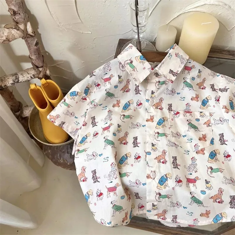 Kids Boys Shirts Korean Summer Cotton Cartoon Embroidery Short Sleeve 1-6Y