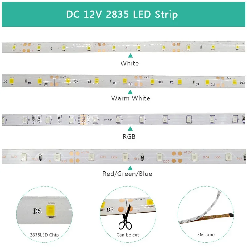 Led Strip Light 5M 300Leds SMD2835 12V White Warm Red Green Blue RGB Luces Led Light Waterproof Flexible Lamp Tape for Room Deco - 4