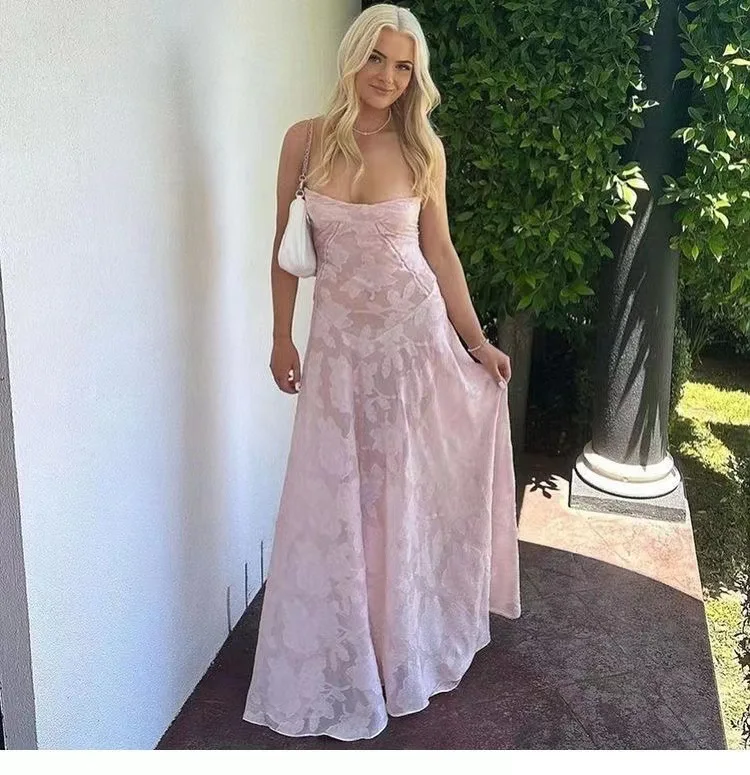 Women's Floral Sheer Maxi Dress - Elegant Slash Neck Spaghetti Strap Summer Dress