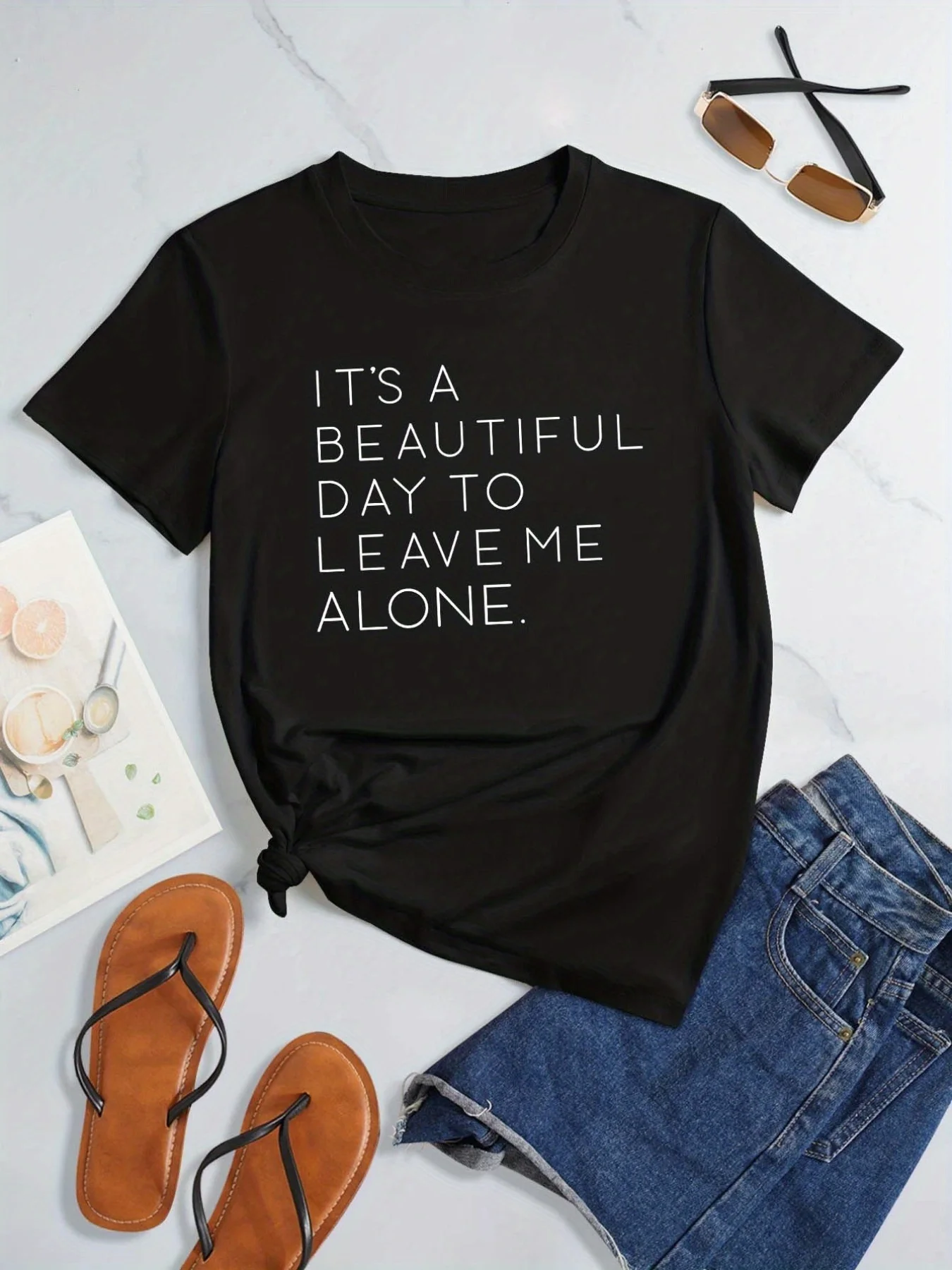 Casual Leave Me Alone Print Crew Neck T-shirt, Loose Short Sleeve Fashion Summer T-Shirts Tops, Women's Clothing