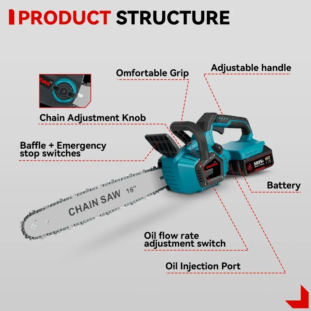 16Inch 8000W Electric Chainsaw Brushless Cordless Saw With LED Auto Oiling Woodworking Power Tool For 21V 18V Battery