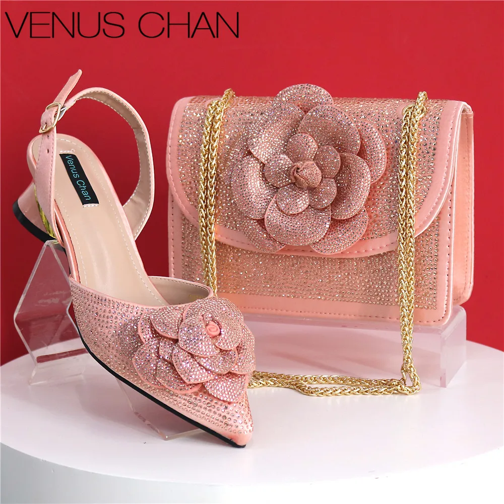 Peach Color Elegant Lady Shoes And Bag Set with Rhinestone