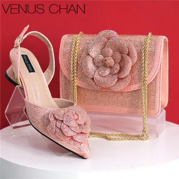 Peach Color Elegant Lady Shoes And Bag Set with Rhinestone Embellished Pearls-knot Wear-resistant And Comfortable Heel