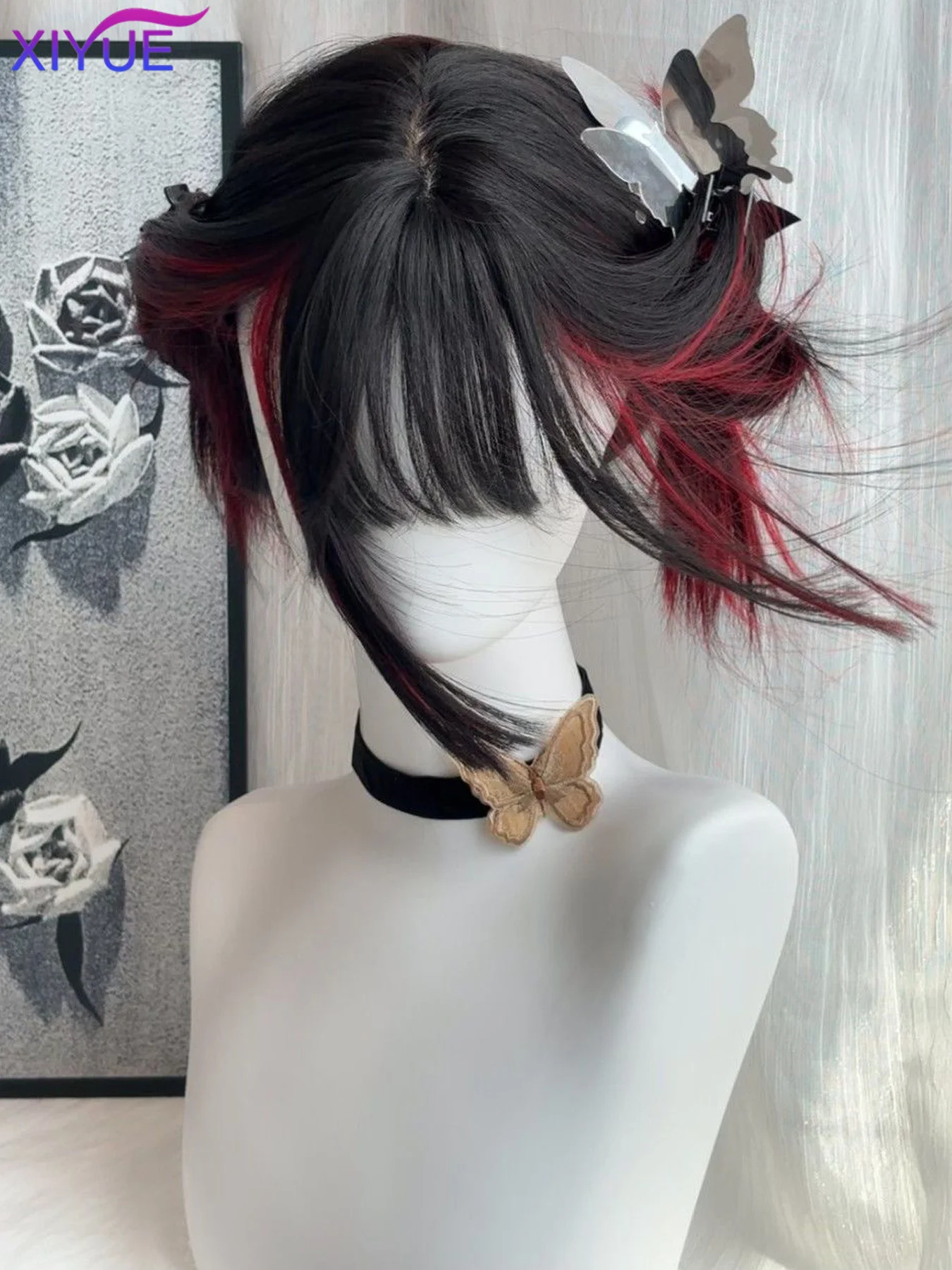 XIYUE Long Straight Cosplay Wig Women Costume Party Black Red Ombre Heat Resistant Synthetic Hair Wigs