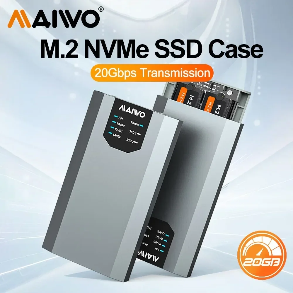 

MAIWO M.2 Nvme Solid-state Mobile Hard Drive Box Type-C M.2 NVMe 20Gbps Protocol Dual-bay Aluminum Alloy Shell With 4 RAID Modes