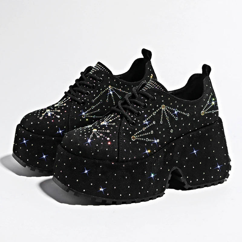 

Rhinestone High Wedge Sneakers Punk Style Lace-ups Sparkles Comfy Chunky Women Shoes New Fashion Suede Designer Platform Shoes