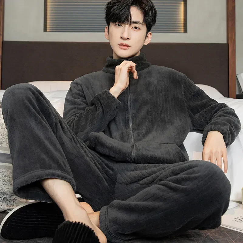 

Coral Homme Set Winter Fleece Pajamas Men's Zipper Freeship Sleepwear Thicken Pyjama Flannel Fashion 2023 Korean Nighwear