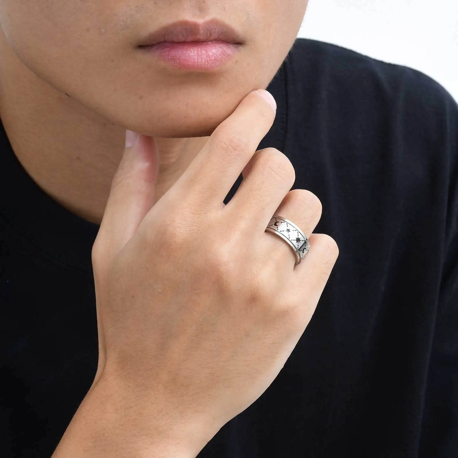 Sun Moon Star Ring for Men Boys,Never Fade Stainless Steel Spinner Ring,Punk Jewelry Gift