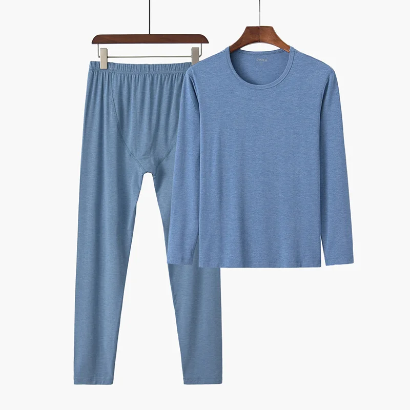 Comfort Soft 95% Bamboo Fiber Sleepwear For Sleeping Men Winter Pajama Long Sleeve Top And Trousers Set Solid Thermal Undershirt